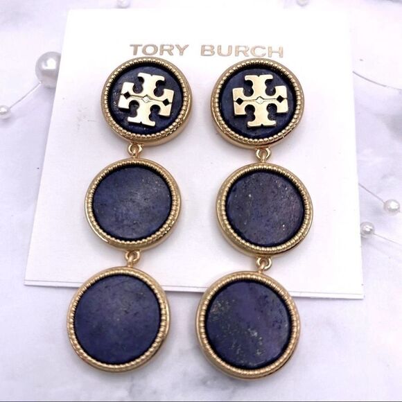 New Tory Burch Gold Logo, Dark Blue Round Drop Dangle Stud Earrings - Picture 3 of 6